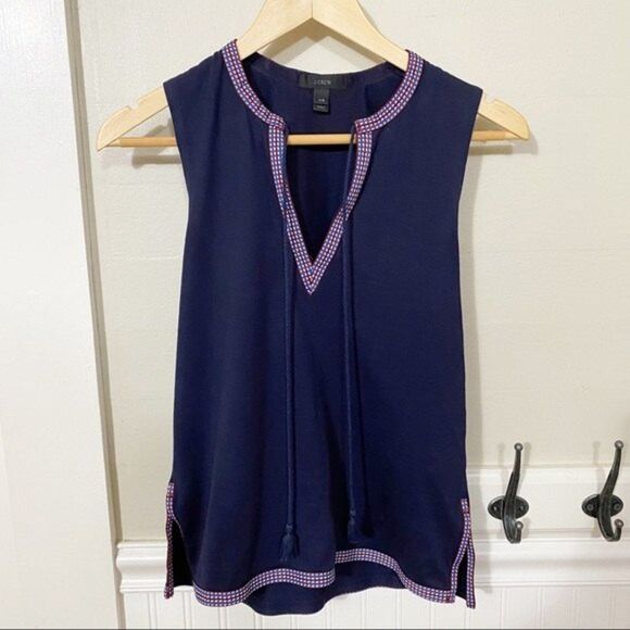 J. Crew Sleeveless Navy Top - XXS - Ribbon Trim - Deep V Neck - Picture 4 of 10